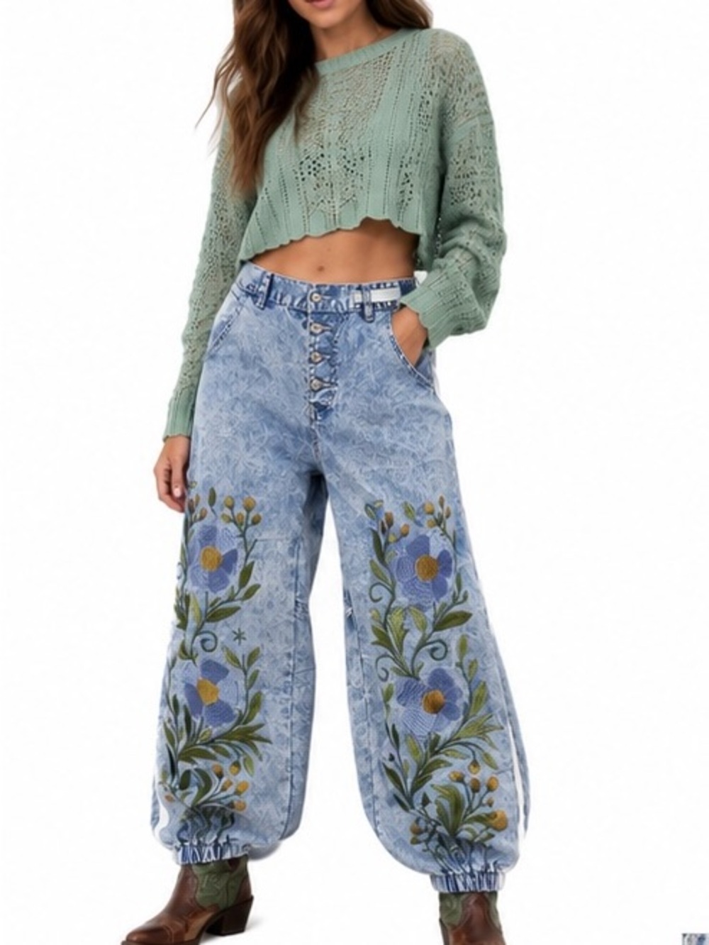 POL Light Blue Denim Look Embroidered Boho Jogger Pants NWT